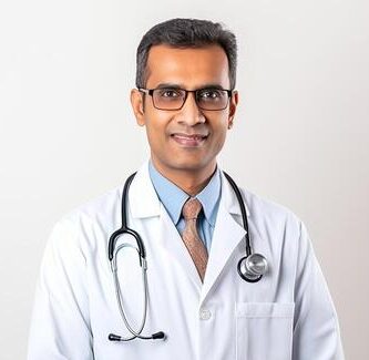 a mature indian male doctor on a white background ai generated photo